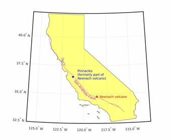 yellow map of California showing San Andreas Fault and offset of Pinnacles