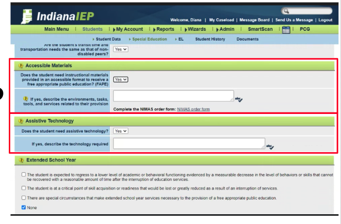 screenshot image from IIEP with red boxes around accessible materials and assistive technology areas