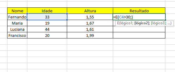 EXEMPLO TABELA CONDICIONAIS IDADE FUNÇÕES EXCEL