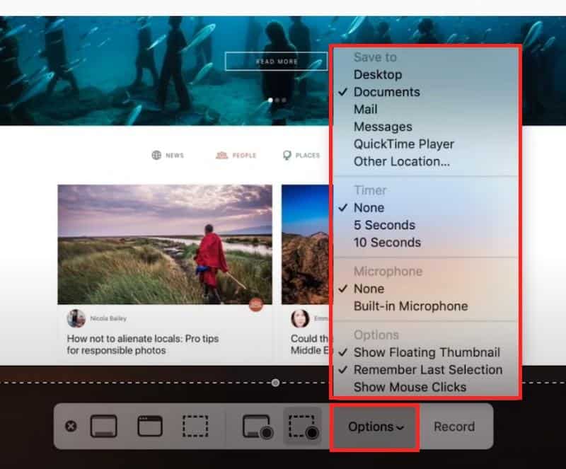 Opciones de la barra de herramientas de captura de pantalla de Macbook 