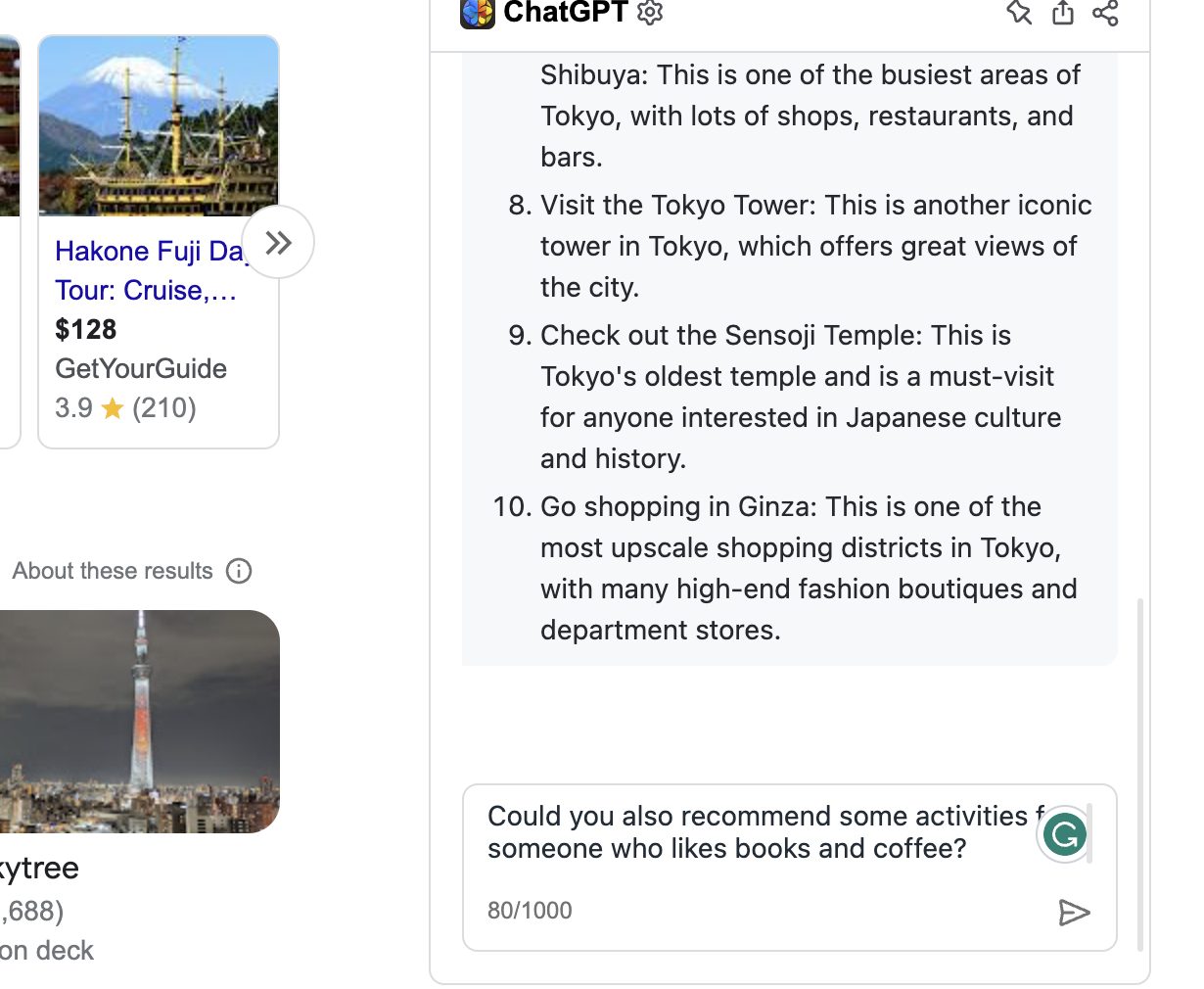 Results of chatting with "ChatGPT for Google" and asking it for more detailed recommendations