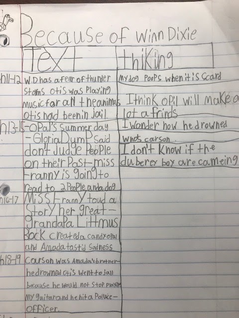 Notetaking during a read aloud of Because of Winn Dixie