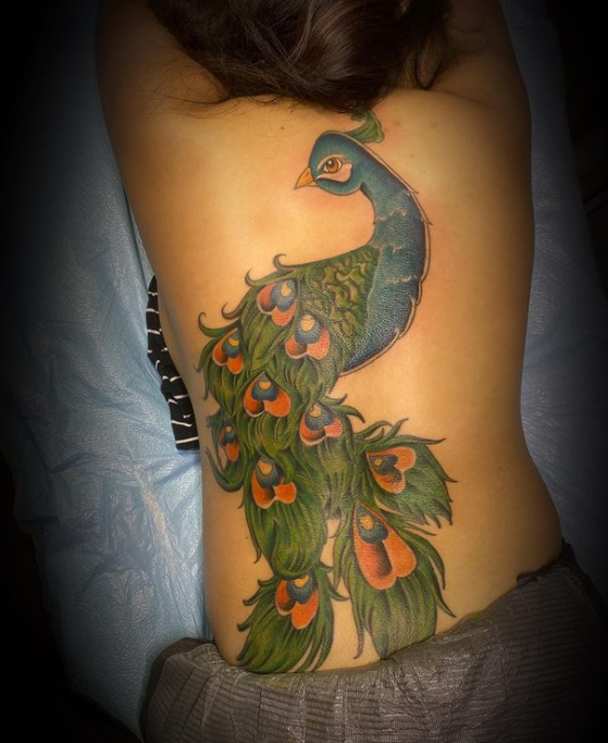 Colorful Inked Back peacock tattoo
