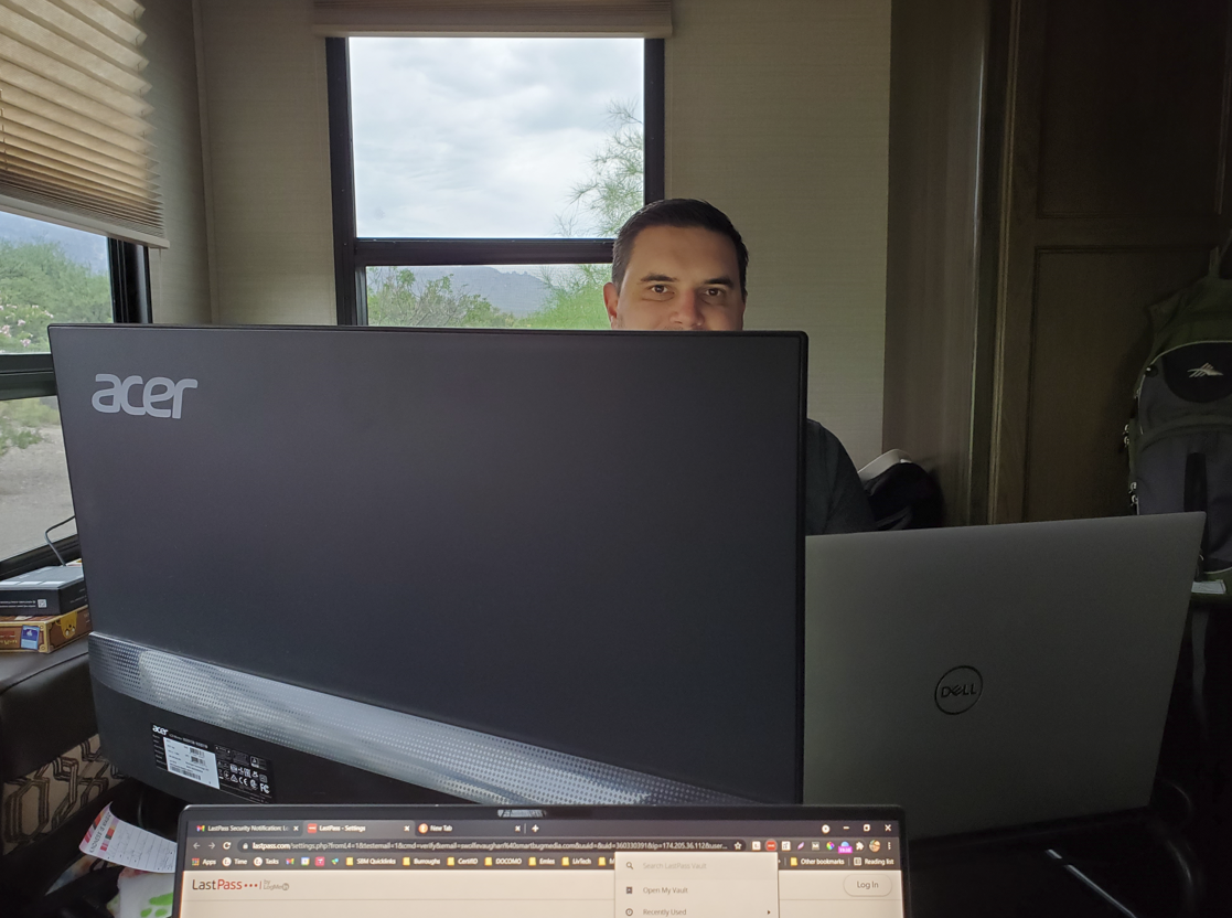 Remote work setup with a comically large second monitor (we’re working on that …)