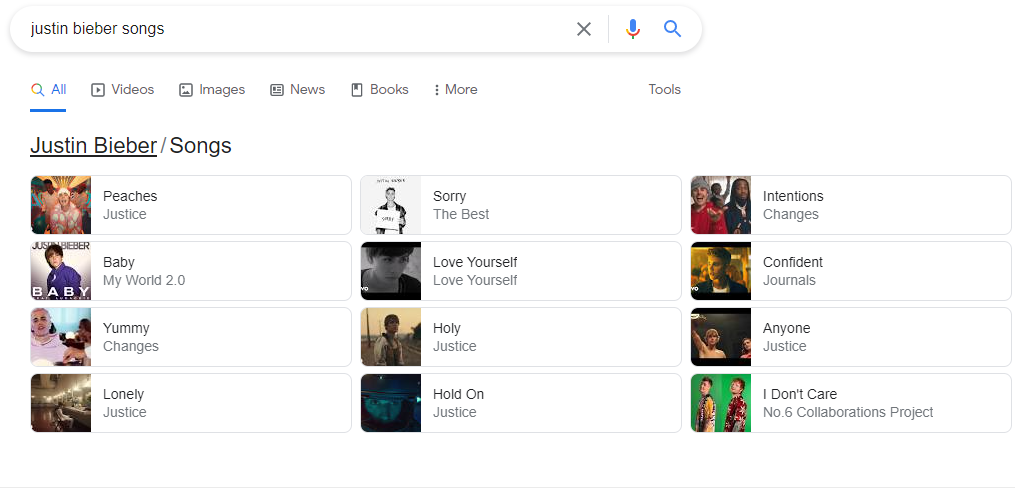 Justin Bieber songs in google 