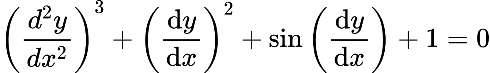{"code":"\\begin{align*}\n{\\left(\\frac{d^{2}y}{dx^{2}}\\right)^{3}+\\left(\\diff{y}{x}\\right)^{2}+\\sin\\left(\\diff{y}{x}\\right)+1}&={0}\t\n\\end{align*}","id":"1-0-0-1-1","font":{"family":"Arial","size":10,"color":"#000000"},"type":"align*","ts":1603616664149,"cs":"B87ejcCvuD4qiRbhaVHbTw==","size":{"width":280,"height":41}}