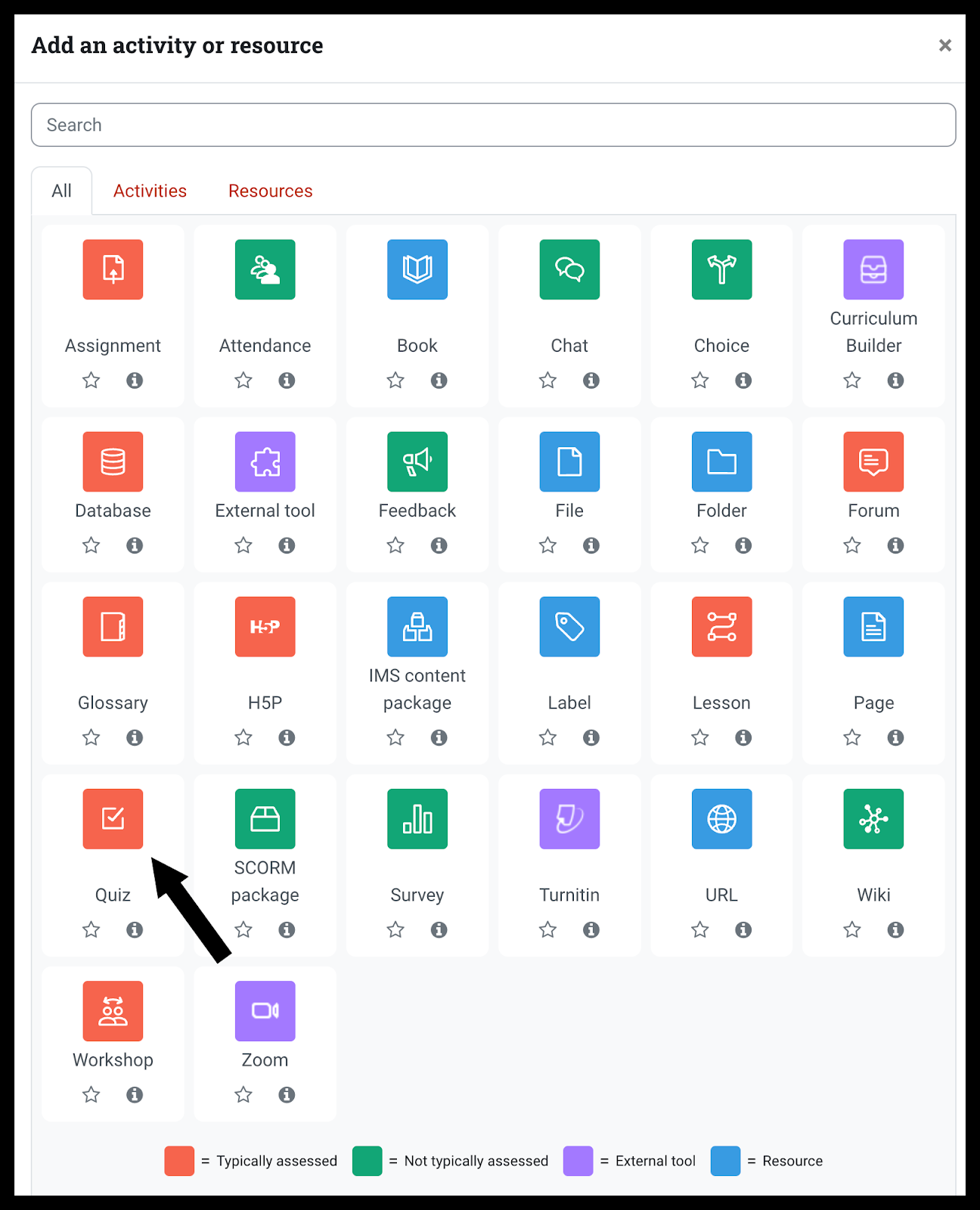 List of the activities and resource options in Moodle ISU with color legend at the bottom to classify each type and its primary use