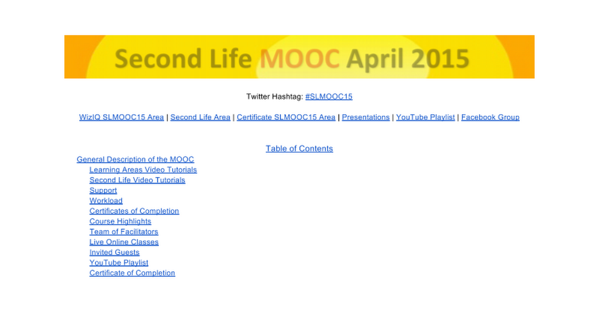 Second Life MOOC April 2015 Syllabus