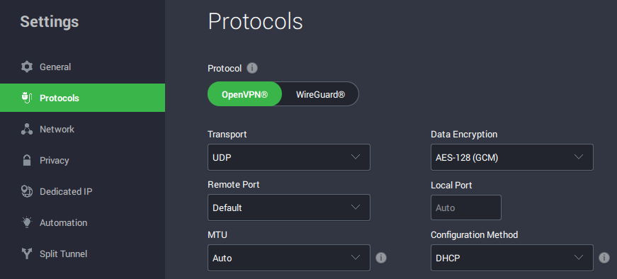 PIA OpenVPN UDP and TCP protocol settings