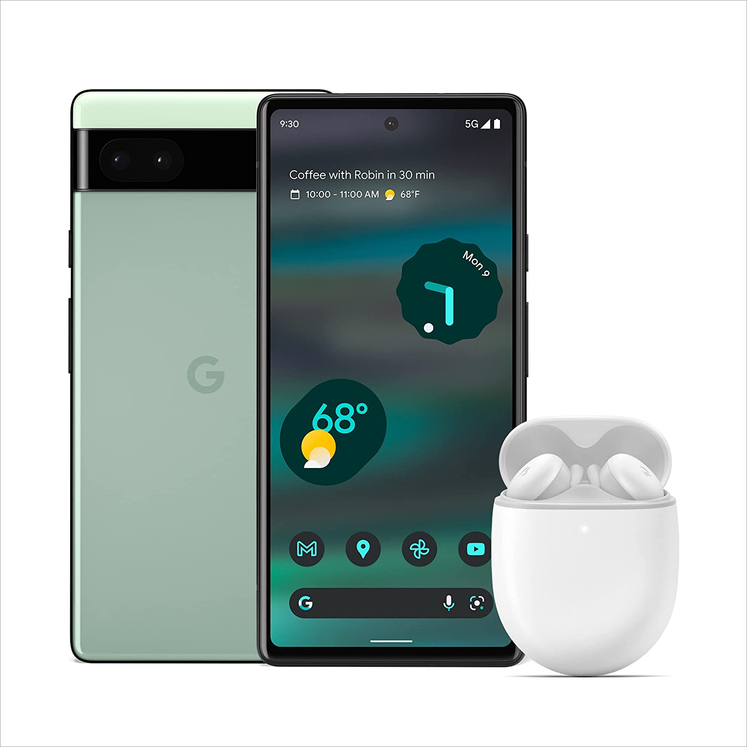 This image shows the Google Pixel 6A with Google Pixel Buds A.