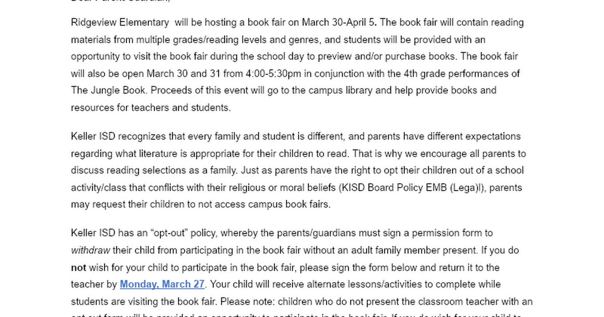 Ridgeview Book Fair Opt Out Form