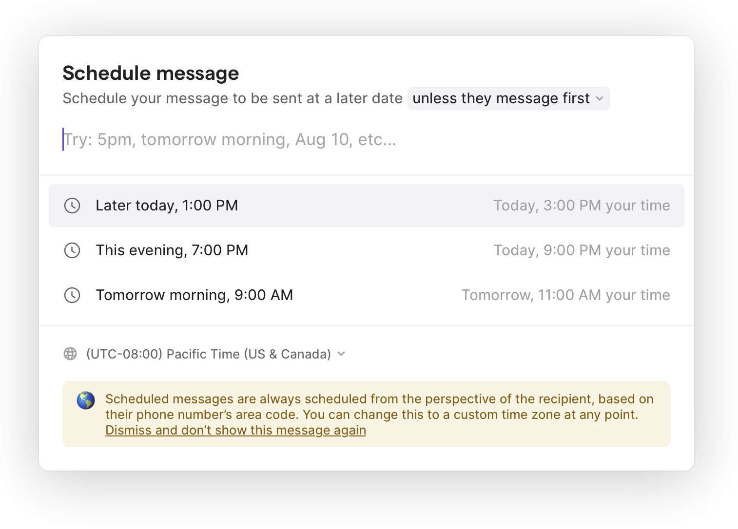 Selecting the time you want to schedule a text message for within the OpenPhone desktop or web app