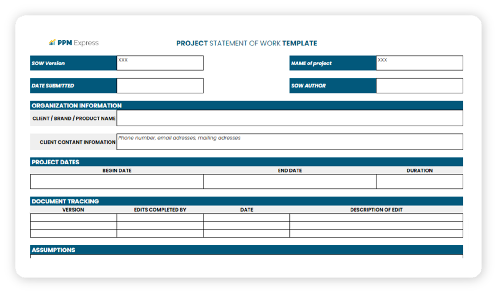 Project statement of work template download for free by PPM Express