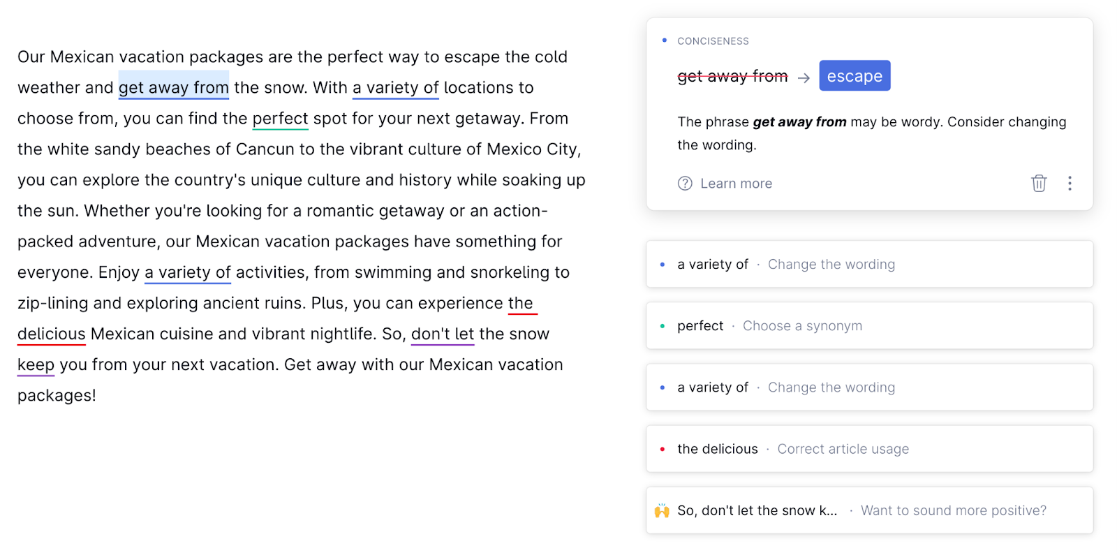 paragraph shown in grammarly editor with suggestions for tone, style, and grammar