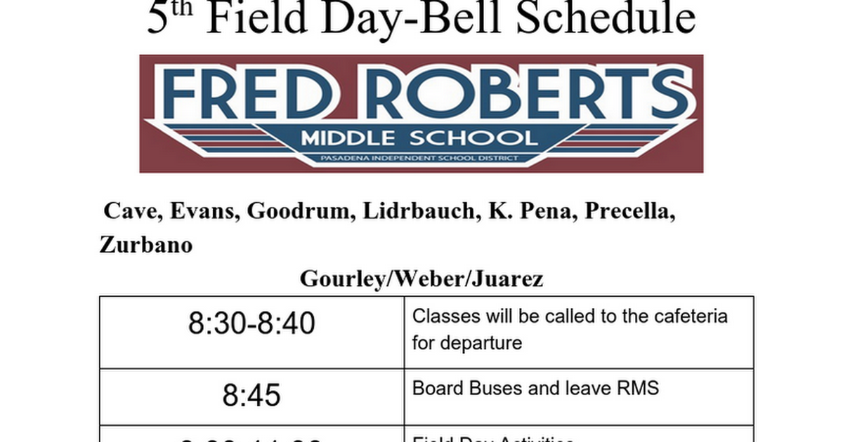 5th Field Day-Bell Schedule
