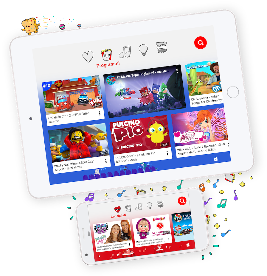 Schermo di YouTube Kids con video per bambini.
