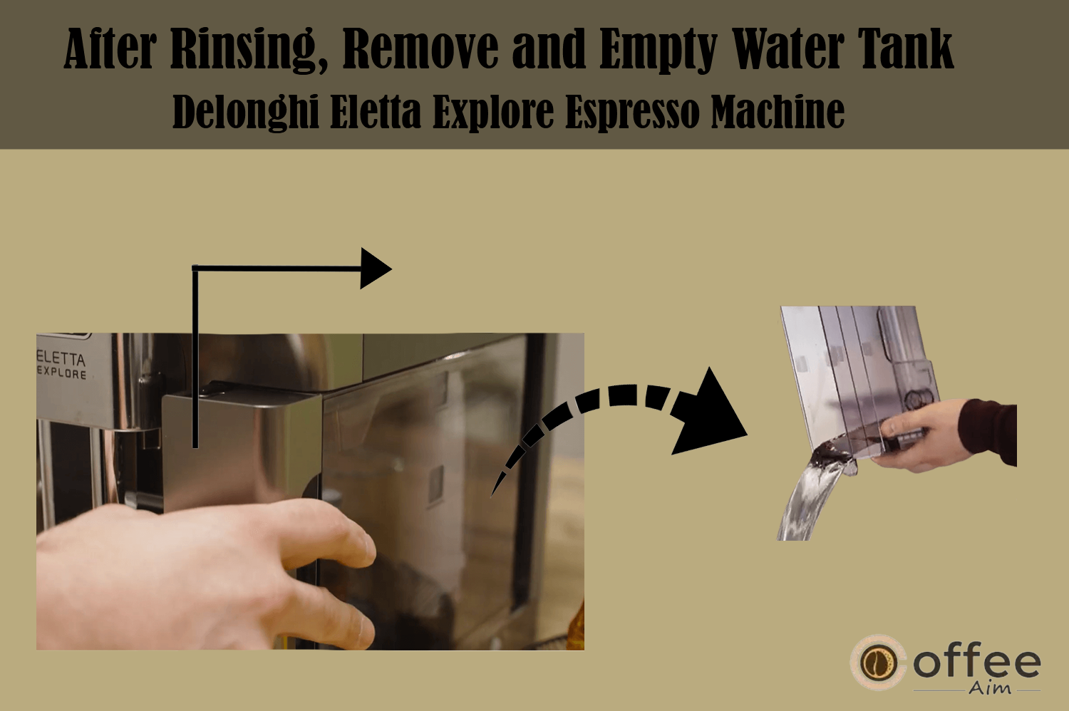 This image illustrates the step of removing and emptying the water tank of the De'Longhi Eletta Explore Espresso Machine after the rinsing process, as explained in the article 'How to Use the De'Longhi Eletta Explore Espresso Machine'.