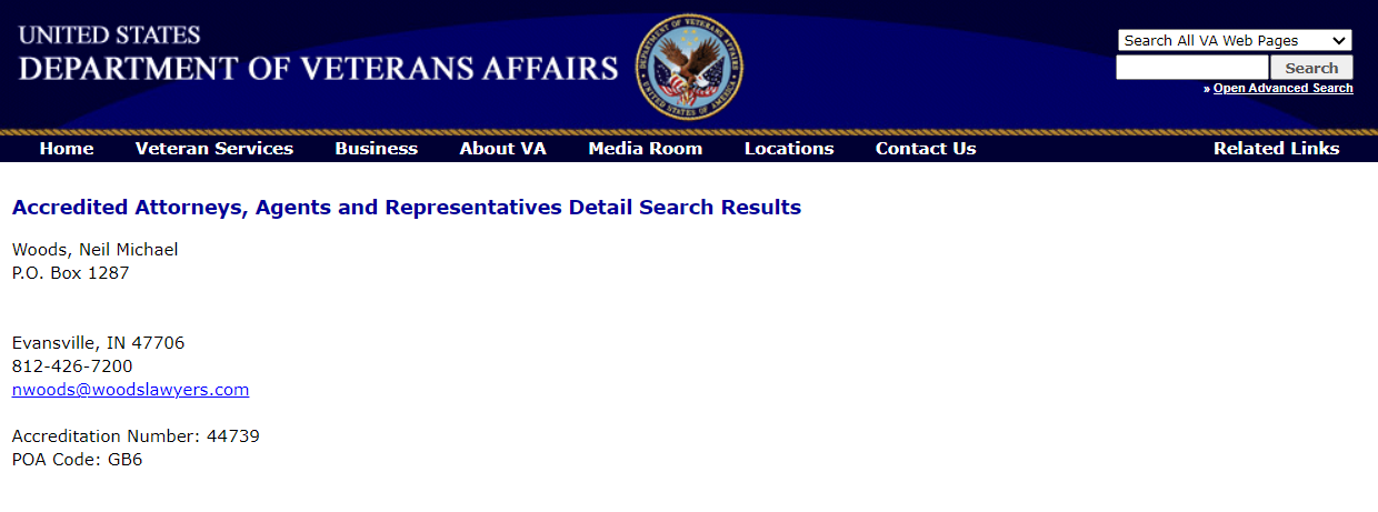 A screenshot of the Office of General Counsel's web search for accredited representatives. This screenshot shows the search results for Neil Woods, which lists his address, email, POA code, and accreditation number.