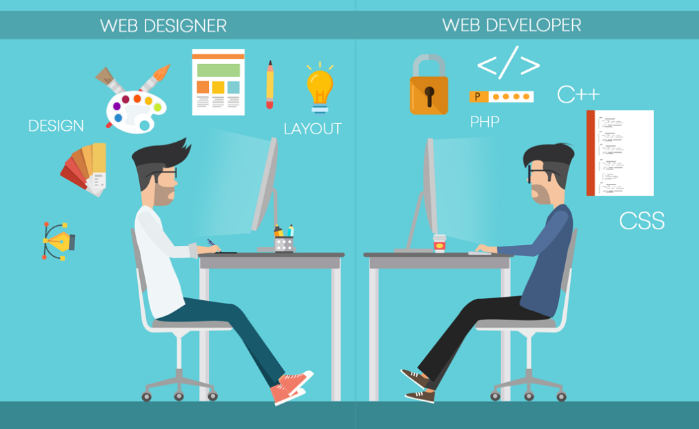 Web designers and web developers working together. 