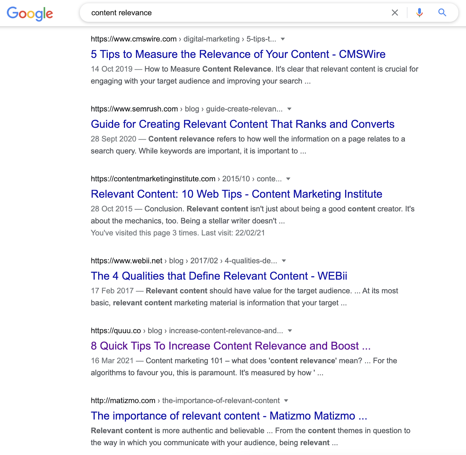The top Google SERP for the keywords 'content relevance'.