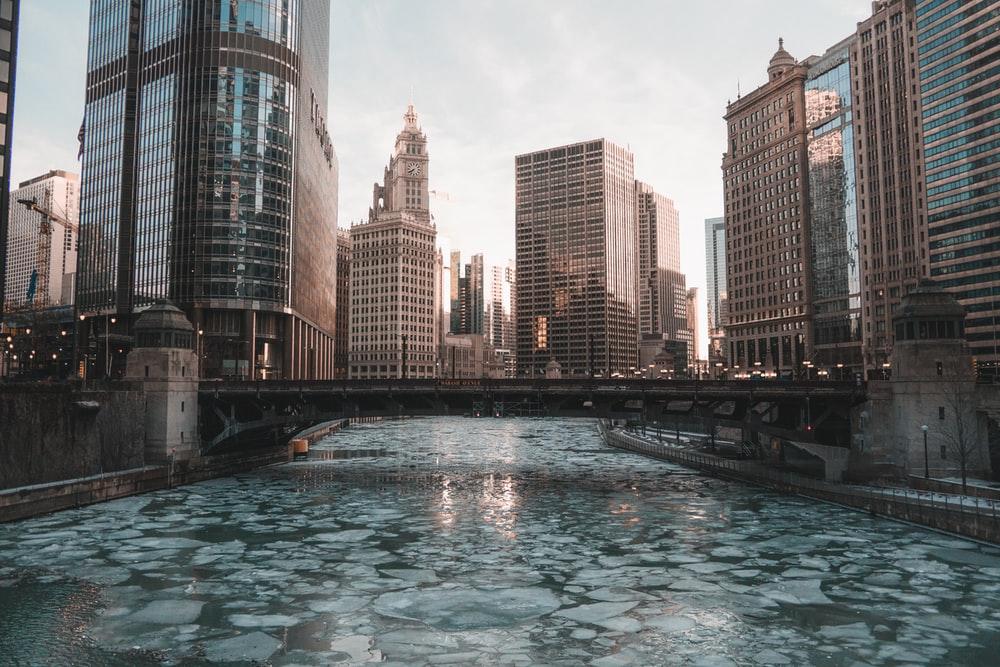 frozen water under a bridge in the city