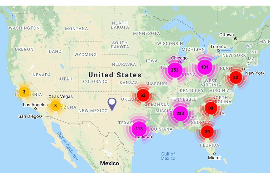 美国地图，彩色圆点代表 Roofstock 的属性 