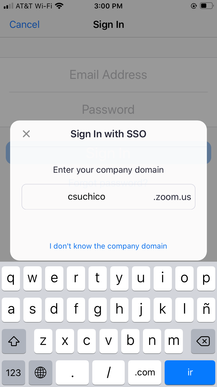 Zoom mobile app Sign in With SSO prompt and the following required text for the domain name: csuchico