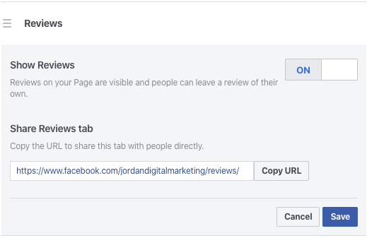 Facebook review settings, with the "Show Reviews" button set to 'On'