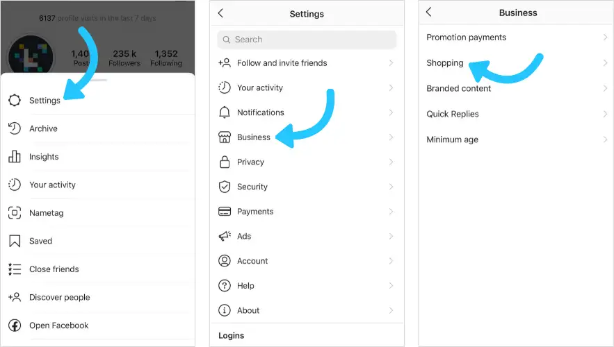 Screenshot from Instagram account settings with arrows showing how to enable product tagging for creators