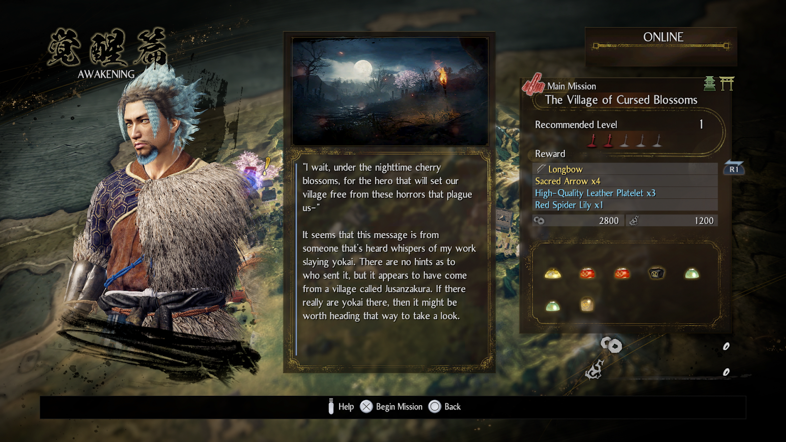 mission screen with protagonist nioh 2