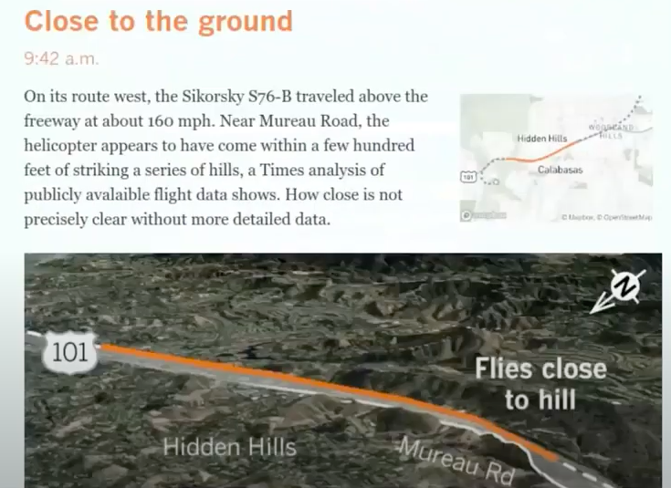 A screenshot of an LA Times report featuring 2D and 3D maps of Kobe Bryant’s helicopter path before his untimely passing.