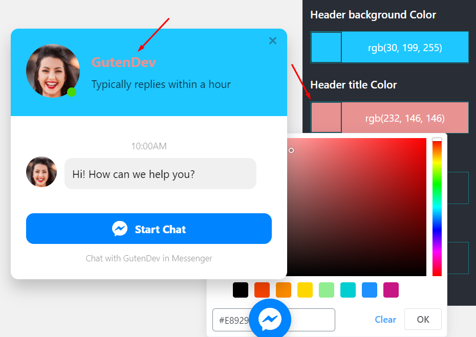 Messenger integration Header title color