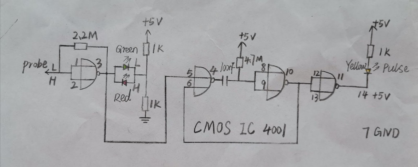 A 3 led light logic probe schematic diagram. 