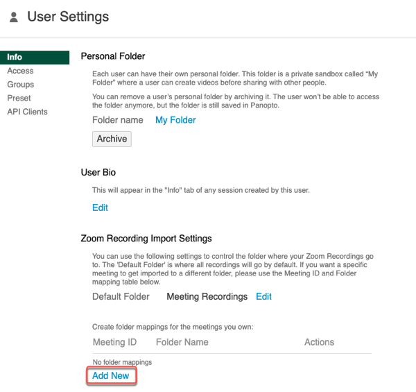 This image shows the Info section of User Settings with a box around the Add New link found under the heading Zoom Recording Import Settings.