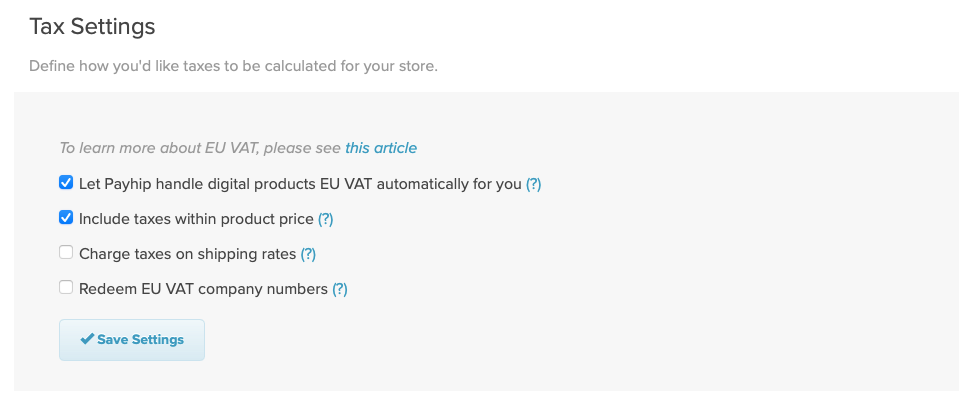 A screenshot showing the checkbox for including tax within the product price on Payhip