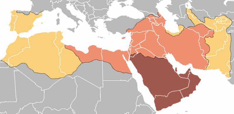 Map of the Mediterranean region with the Arab conquests marked out, originating in Arabia itself and culminating in Spain.