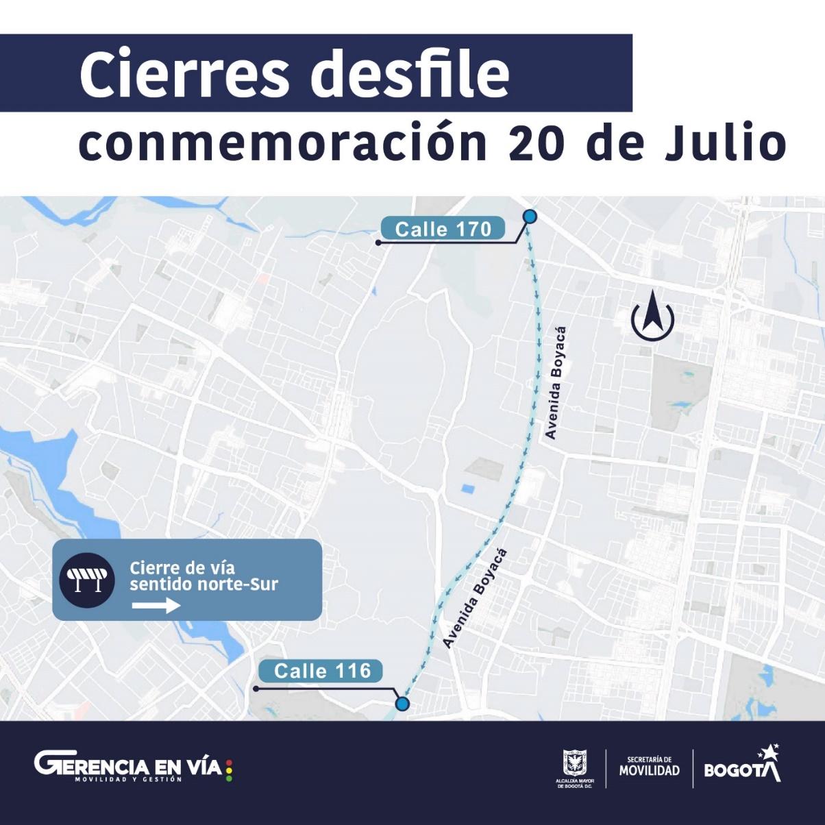 Mapa 3. Cierres viales autorizados por la realización de desfile del 20 de Julio