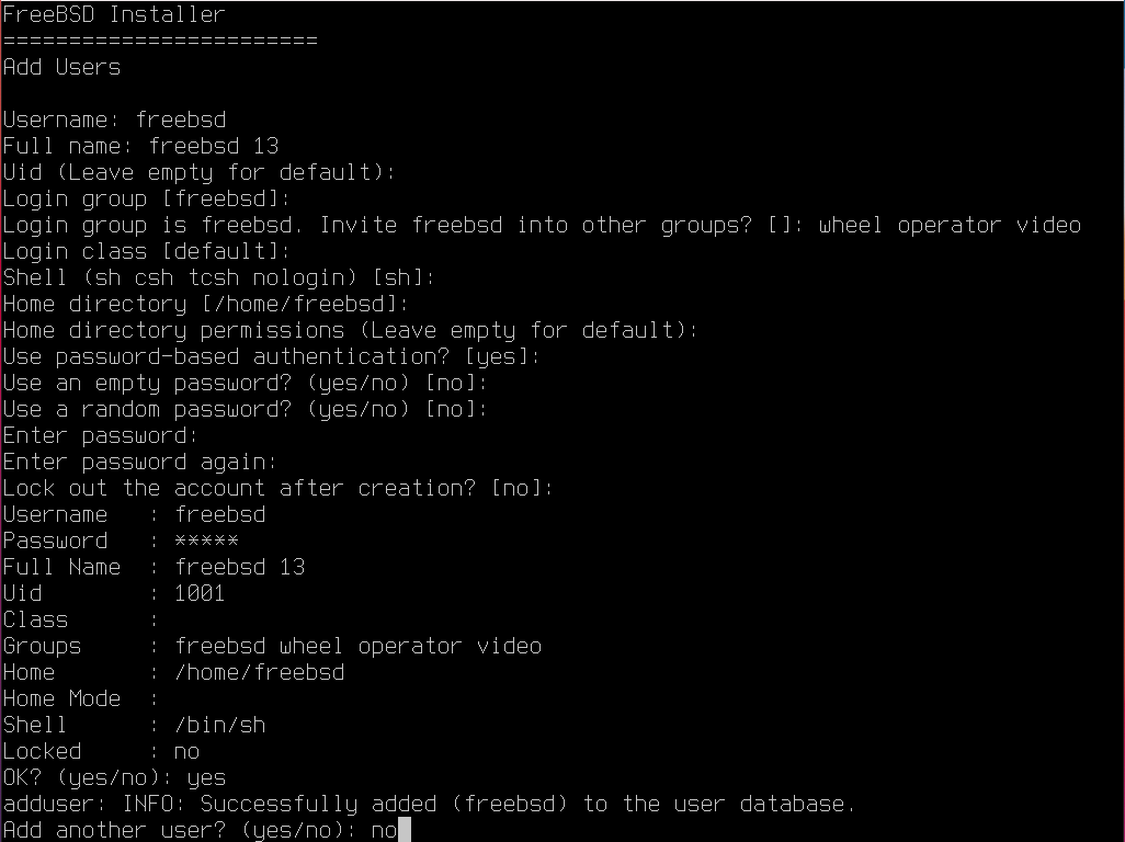 FreeBSD Installer - User Creation Example. Source: nudesystems.com