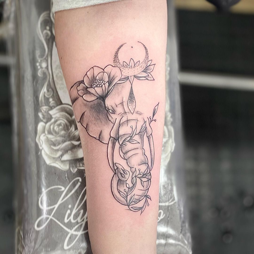 Floral Elephant & Moon Forearm Tattoo 