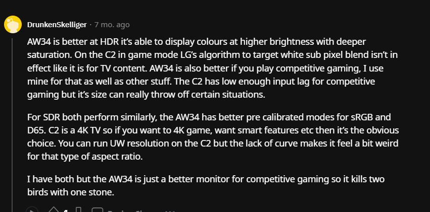 reddit user recommends Alienware 3423DWF for gaming