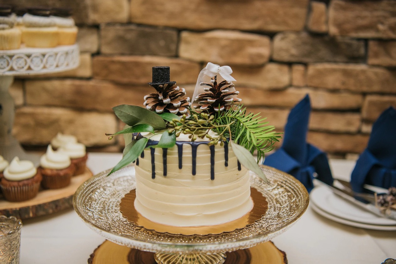 photo of wedding cake with pine cone topper