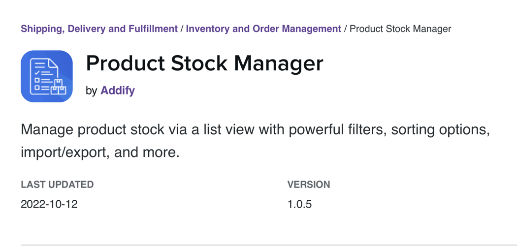 The Product Stock Manager extension page.