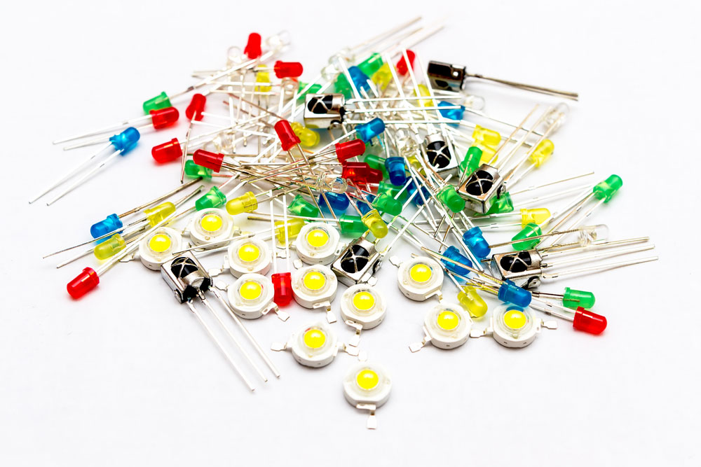 Pile of multicolored 3mmq, 1W LEDs - light-emitting diode and infrared receivers