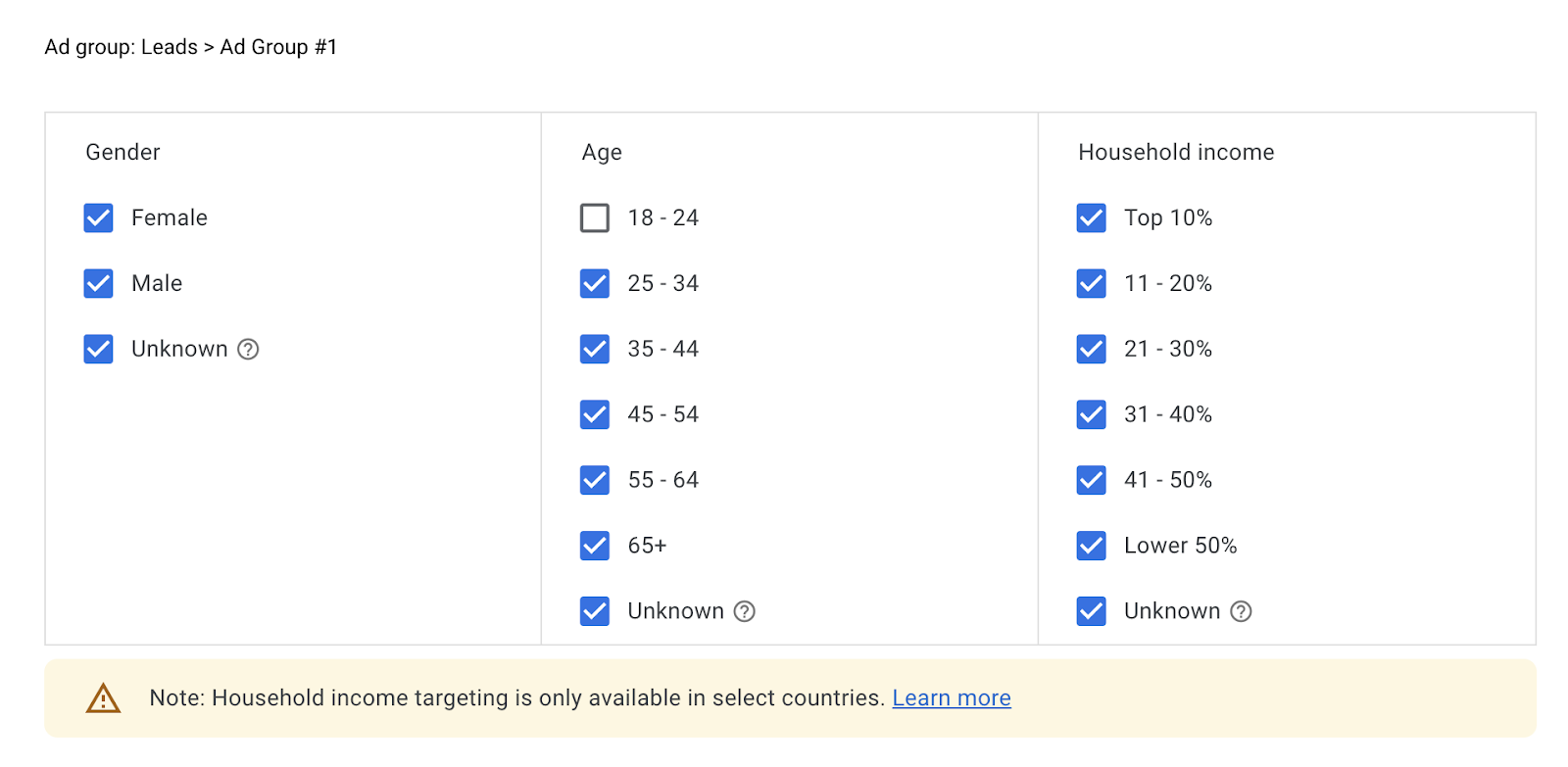 YouTube ads demographics targeting option: Shows gender, different age range, household income
