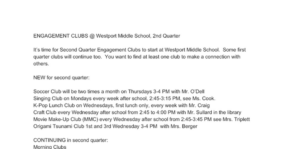 2nd Quarter Engagement Clubs 2019