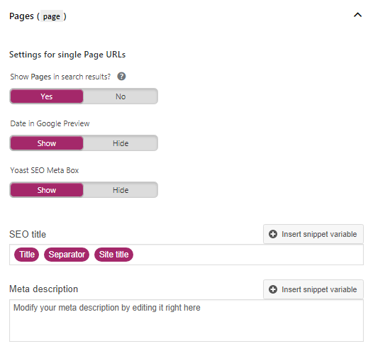 yoast page settings