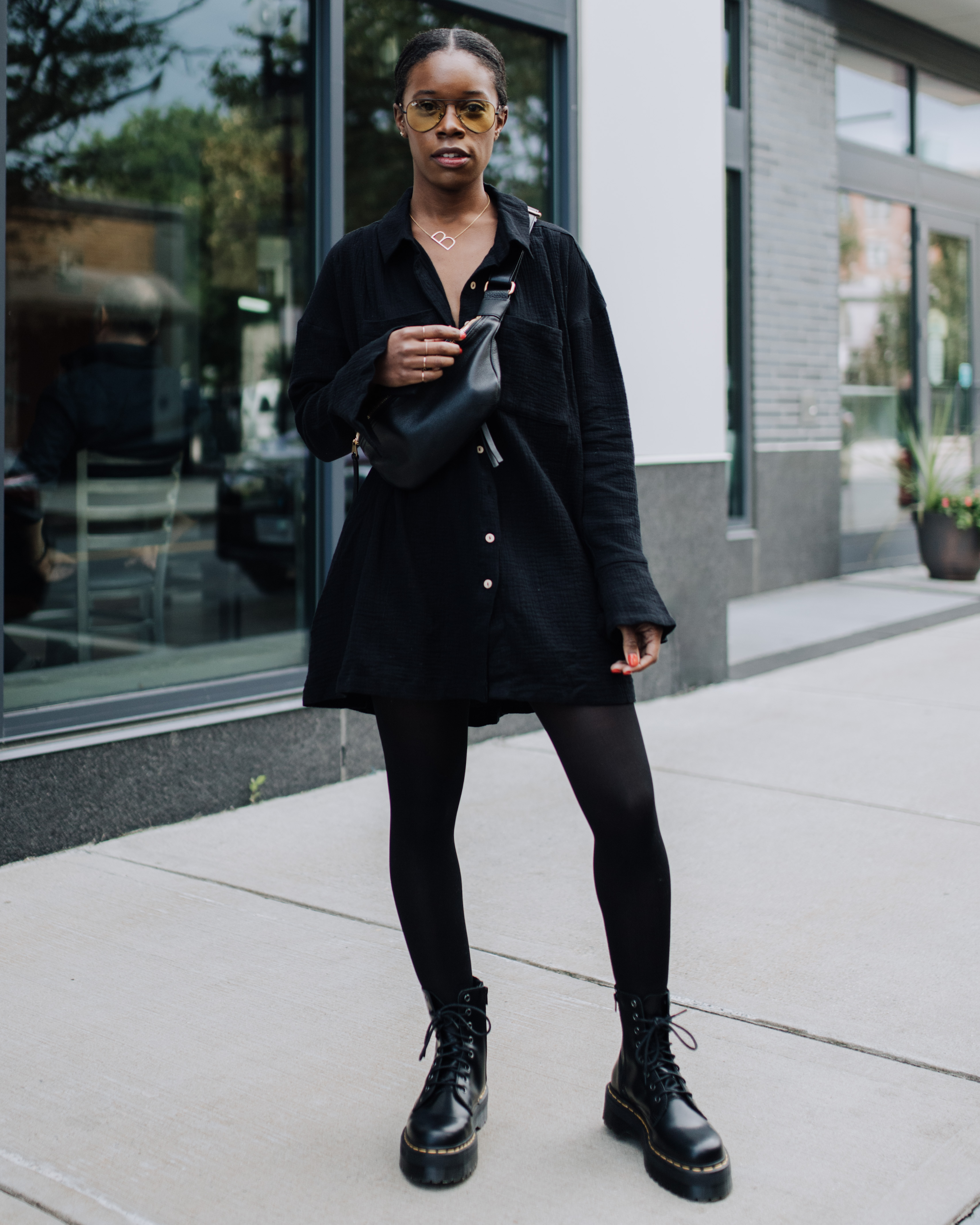 Black Shirt Dress with Lug Boots Outfit
