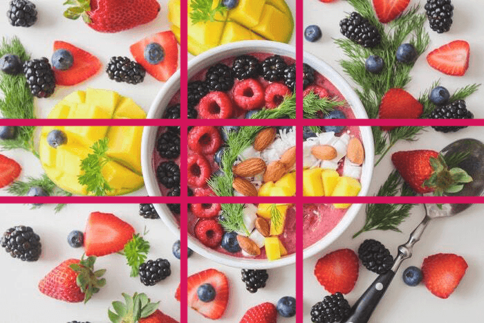 Fruity food photography composition with phi-grid overlayed