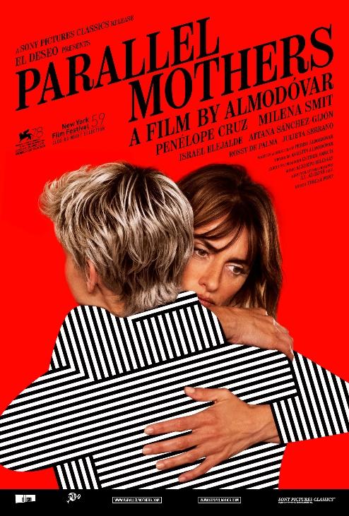 A movie poster. There are two women hugging. They are both wearing clothes with a back and white pattern.