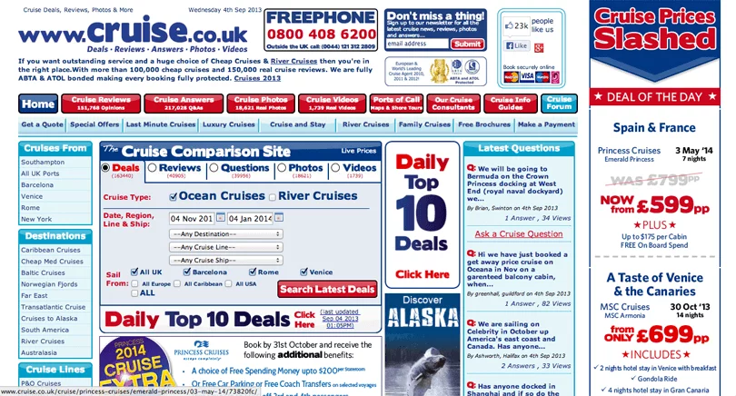 An extremely cluttered landing page with text and buttons everywhere about cruise holiday comparisons.